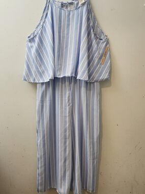 Gypsy Brand Blue Striped Jumpsuit L Boho-Coastal Wide-Leg Overlay Top